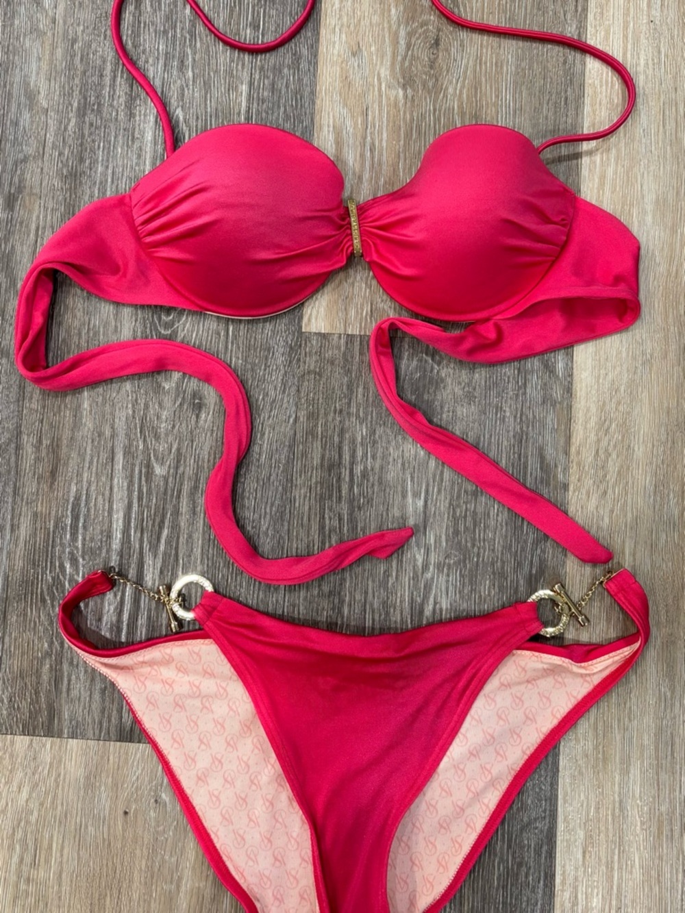 Hot Pink Bikini Set with Gold Ring Details